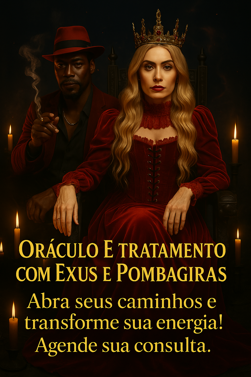 Oráculo e Tratamento com Exu e Pombogira – Consulta espiritual poderosa que utiliza búzios e baralho, oferecendo orientação transformadora para amor, finanças, trabalho e desbloqueios. Exu abre caminhos e protege, enquanto Pombogira traz magnetismo, alegria e harmonia. Aproveite rituais de limpeza energética, proteção consultas e personalizados. Agende sua consulta e transforme sua energia com ética, sigilo e respeito ancestral. "Abra seus caminhos e transforme sua energia! Agende sua consulta.